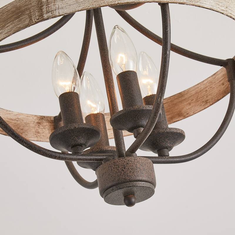 4-Light Rusted Brown Wood Semi-Flush Mount Ceiling Light