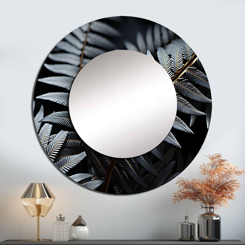 Designart "Monochromatic Fern Fronds" Plants Round Office Mirror - Grey Traditional Mirror For Wall Décor