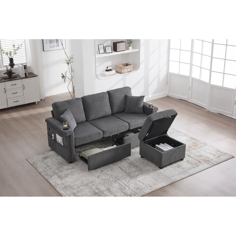 L-Shaped Sectional Sofa with Pull-Out Storage,Ottoman & Pillows 3-Seat with USB Charging,Cup Holder, Convertible Design