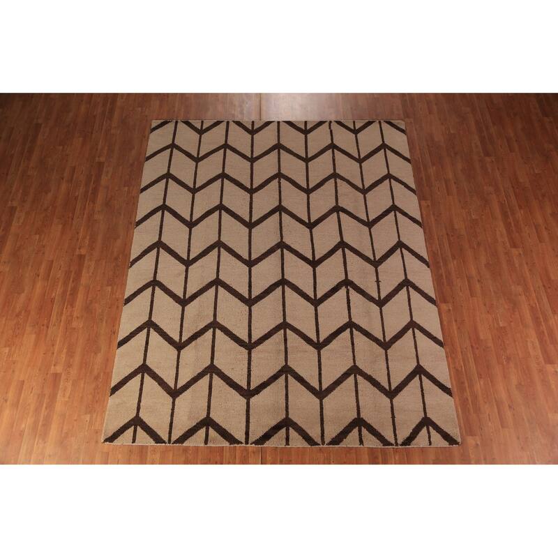 Hand Knotted Oriental 100% Wool Carpet Modern All-Over Beige & Ivories Moroccan Area Rug - 9' 10'' X 7' 11''