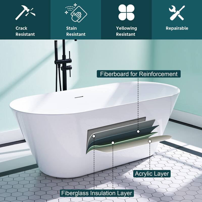 Glossy White Freestanding Soaking Bathtub, 100% Pure Virgin Acrylic with Drain And Overflow