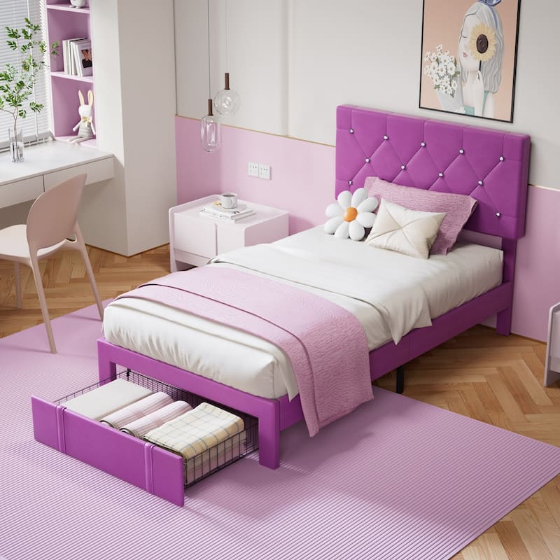 Javlergo 2-Piece Twin Bed Frame Set 39.4-45.3" Adjustable Height PU Leather Headboard with Diamond Embellishment Storage Drawer