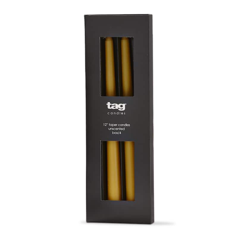 Color Studio 12" Traditional Taper Unscented Smokeless Paraffin Wax Candle Ochre Yellow, Set of 4, Burn Time 8 hrs.