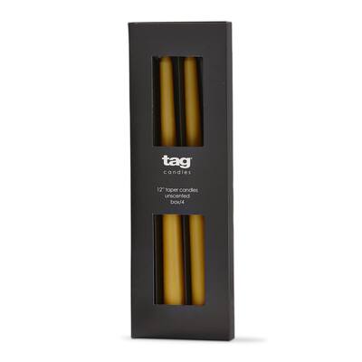 Color Studio 12" Traditional Taper Unscented Smokeless Paraffin Wax Candle Ochre Yellow, Set of 4, Burn Time 8 hrs.