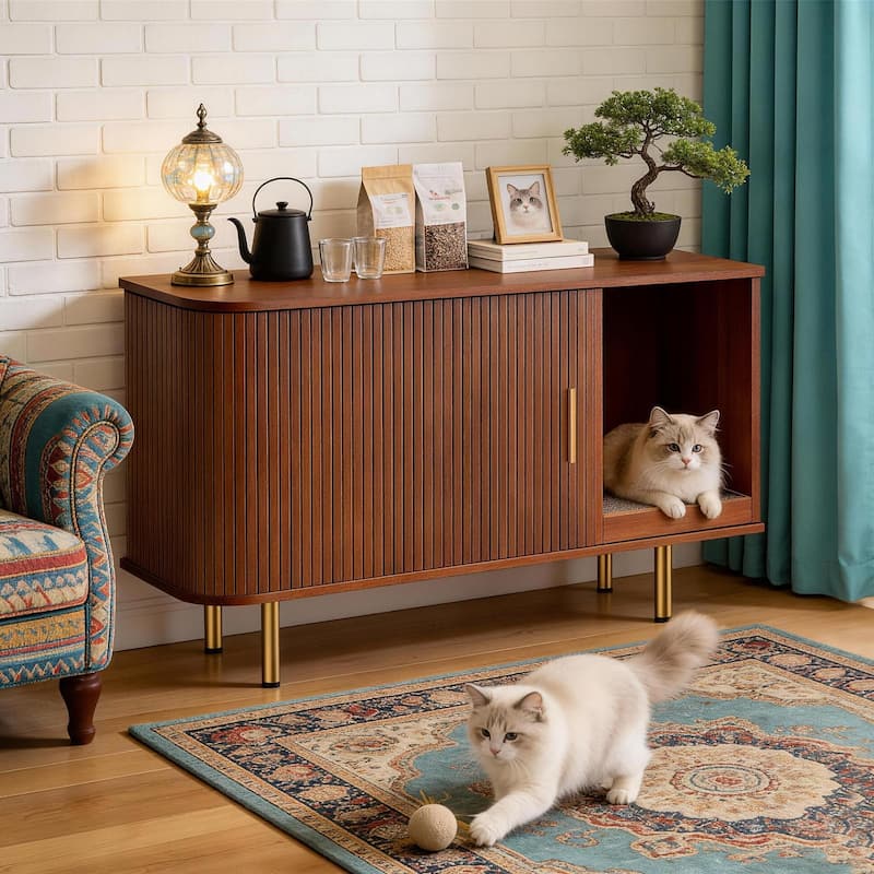 38.5" Cat Litter Box Enclosure with Scratch Pad and Sliding Door,Cat Hidden Litter Box Cabinet,Modern Indoor Cat House,TV Stand