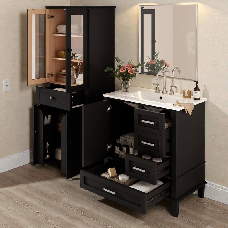 67.57" Tall Bathroom Storage Cabinet and 30" Bathroom Vanity with Sink Combo, Modern Freestanding Cabinet Set with Glass Doors