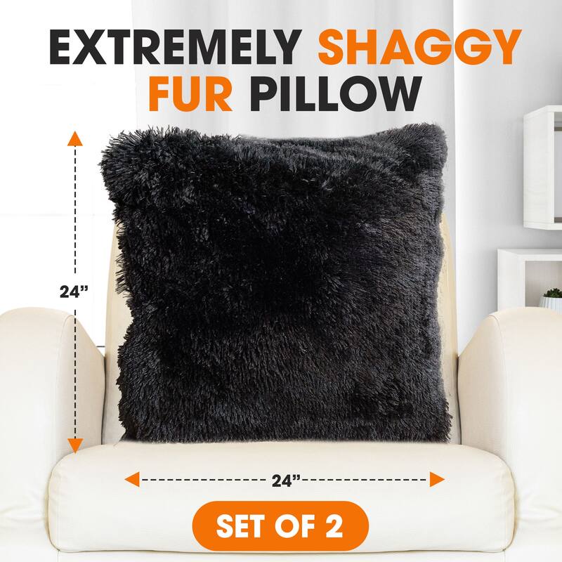 Cheer Collection Super Soft Shaggy Long Hair Throw Pillows Set of 2 Plush Accent Cushions
