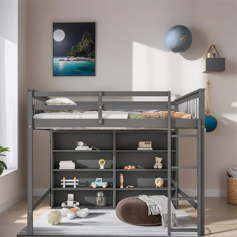 Full Size Wood Loft Bed w/ 8 Open Storage Shelves and Built-in Ladder