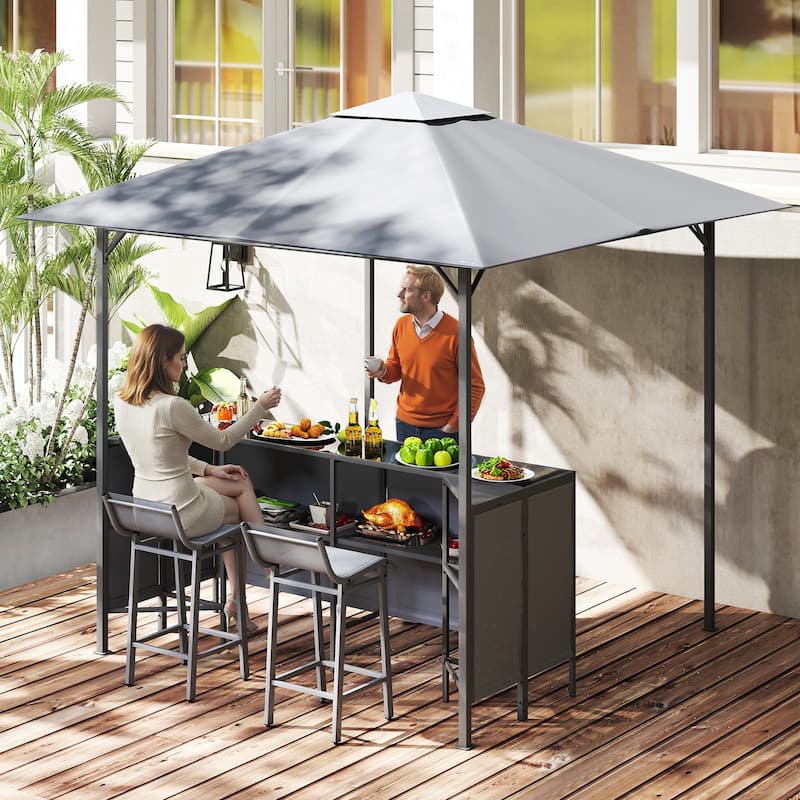 Outdoor 3 Piece Bar Set with Grill Gazebo and 2 Bar Stools Double Tier Canopy and Storage Shelf - 8 x 8 x 8 ft