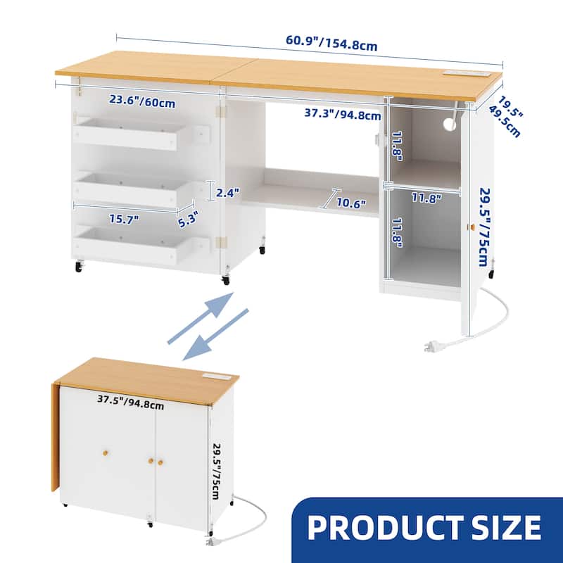 Moasis Folding Sewing Craft Table Computer Desk with Charger Charging Station & Storage Shelves Cabinet