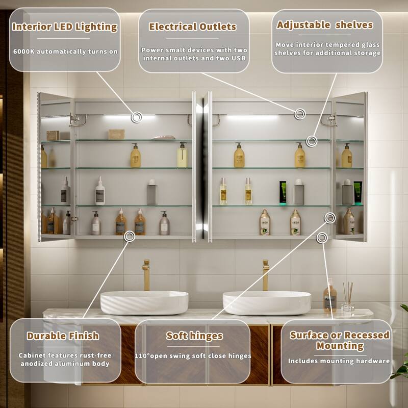 Modland 30"-60"W x 32"H Bathroom LED Medicine Cabinet with Mirror and Shelves, Defog and Stepless Dimming