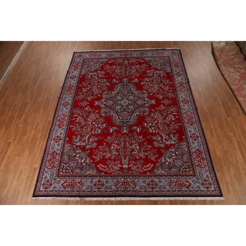 Machine Made Oriental Polyester Carpet Traditional Floral Red Kashan Area Rug - 12' 7'' X 9' 8''