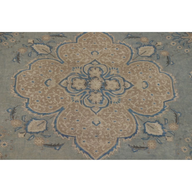 Distressed Blue Tabriz Vintage Persian Area Rug Handmade Wool Carpet - 9'7" x 12'2"