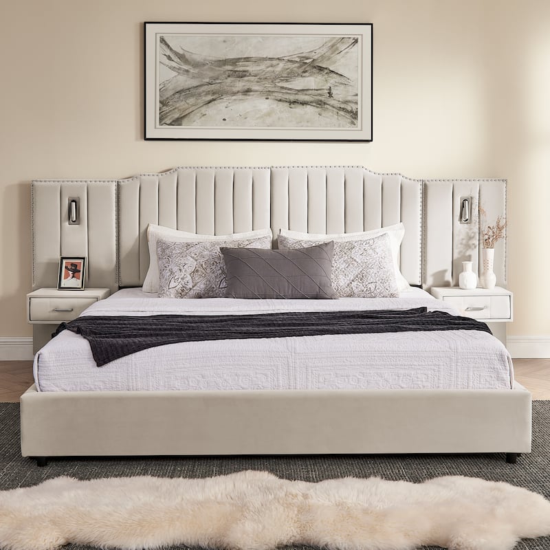 Upholstered Bed, Vertical Stripe Buttons Design Wingback Bed Frame, Velvet Fabric Platform Bed with Bedside Table