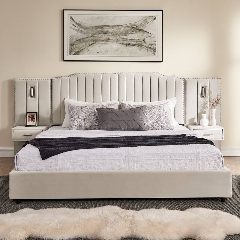King Size Upholstered Bed Frame with Velvet Fabric, Vertical Stripe Design with Buttons Around King Size Platform Bed