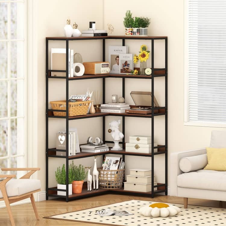 Metal and Wood L-Shaped Bookshelf 5-Tier Corner Shelf with Anti-Tip Kits - 43.5" L x 35" W x 71" H