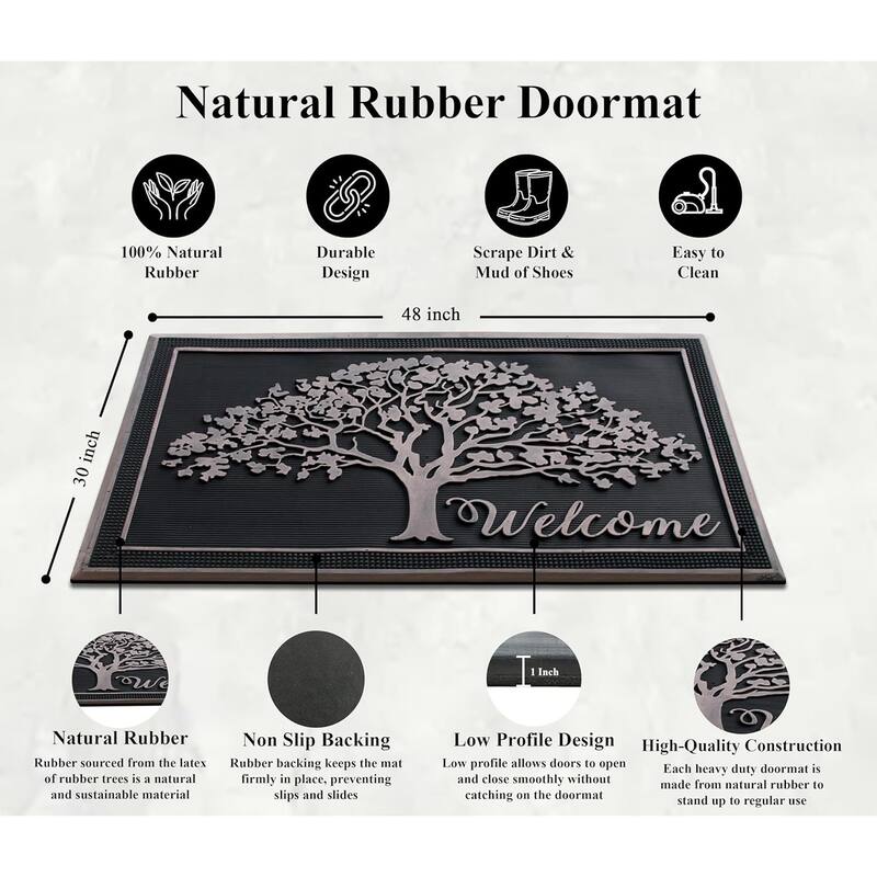 A1HC 100% Rubber Front Door Mat, All Season Large Size, Thin Profile Heavy Duty Doormat for Indoor Outdoor Use