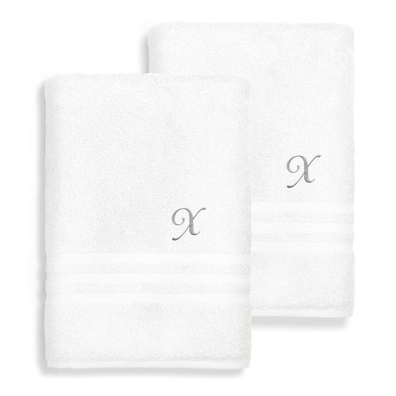 Authentic Hotel and Spa Omni Turkish Cotton Terry Set of 2 White Bath Towels with Grey Script Monogrammed Initial - White/X