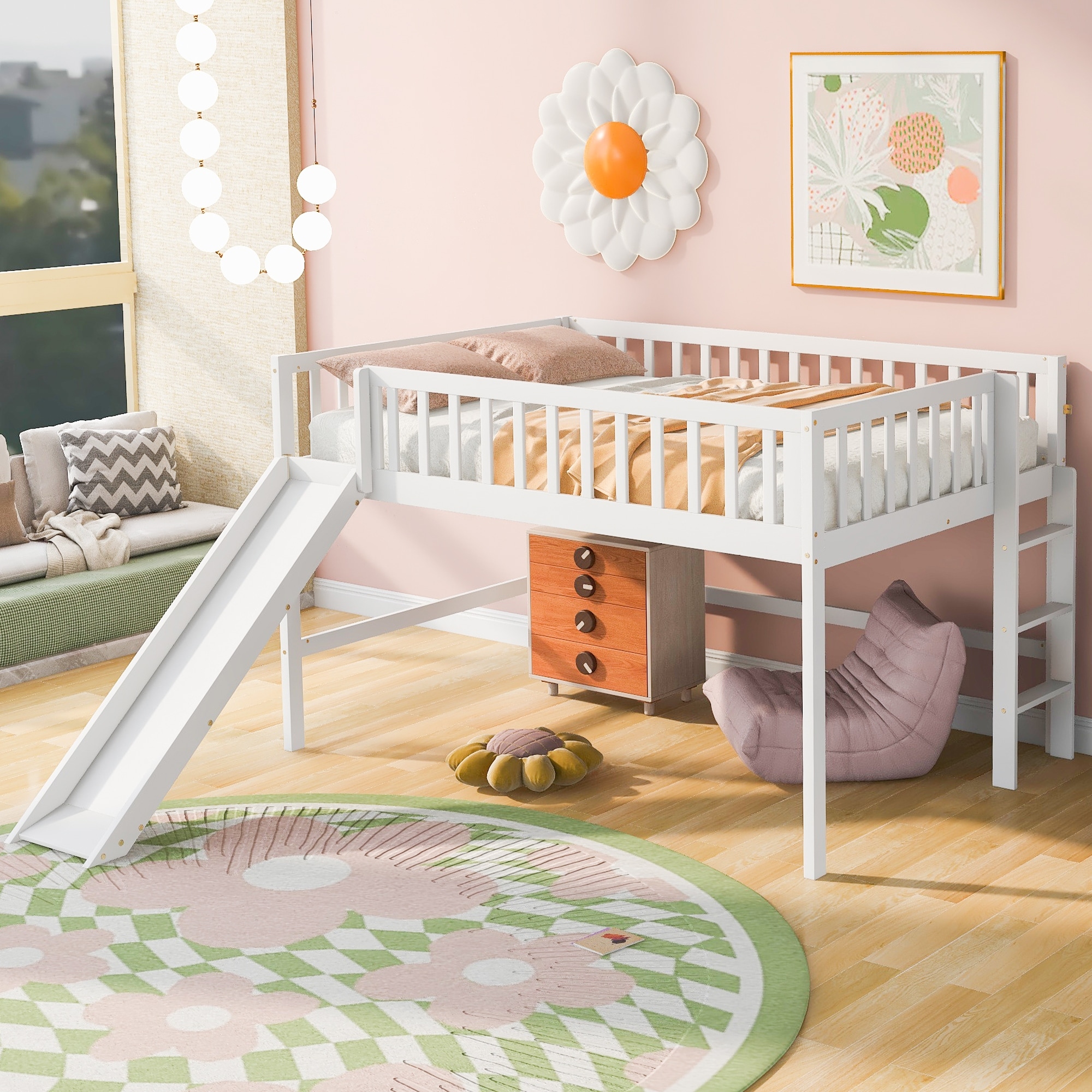 Full size low outlet loft bed with slide