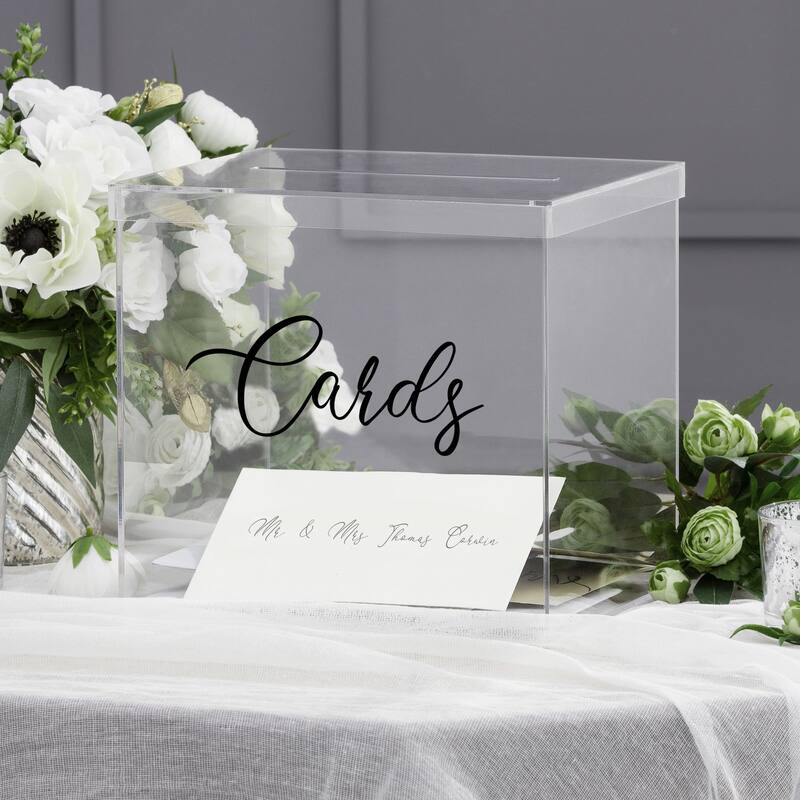 OnDisplay 10" Luxe Acrylic Clear Wedding Card Box w/Lid - Lucite Gift/Money Box - Clear w/ "Cards print black