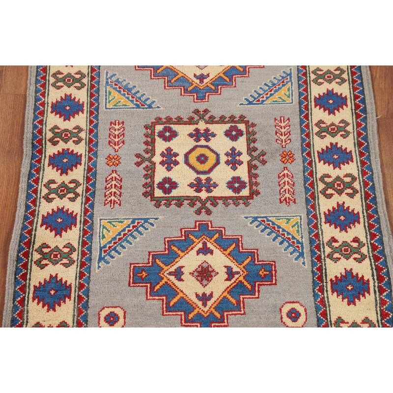Gray Geometric Kazak Rug Handmade Foyer Wool Carpet - 2'9" x 4'1"