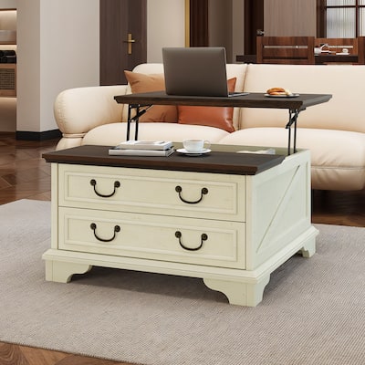 Moasis Lift Top Coffee Table Farmhouse Wood Central Table for Living Room with 2 Drawers and Hidden Storage Compartment
