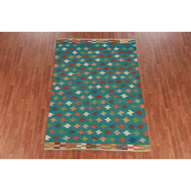 Hand Woven Oriental 100% Wool Carpet Southwestern All-Over Green Kilim Area Rug - 8' 2'' X 5' 7''