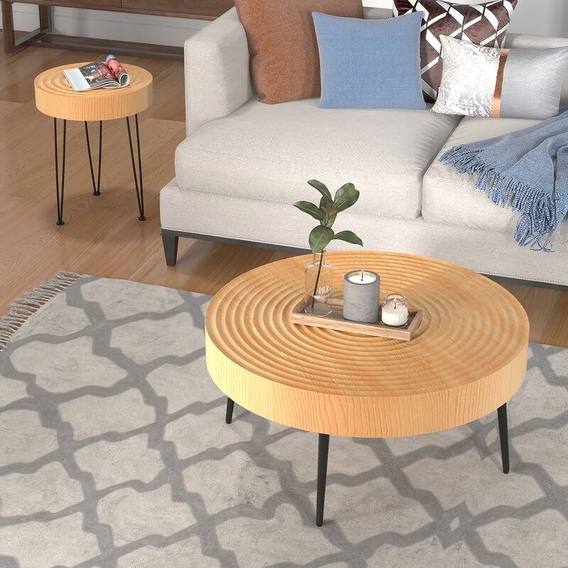 Farmhouse Round Coffee Table Set of 2 End Table Natural Finish