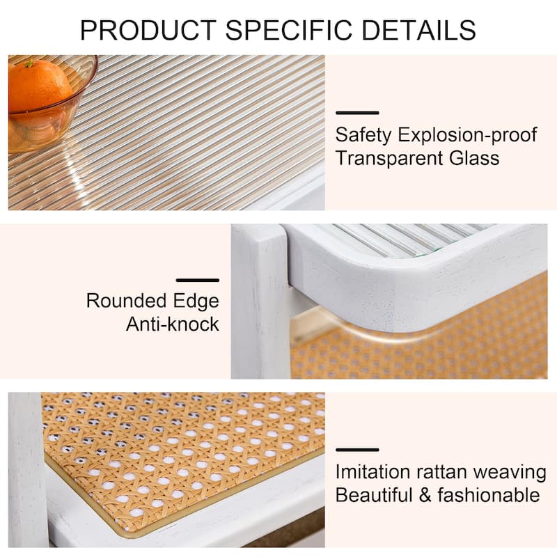White Double-Layer Coffee Table, Glass Tabletop Imitation Rattan Side Table, Rectangular Solid Wood Table for Living Room
