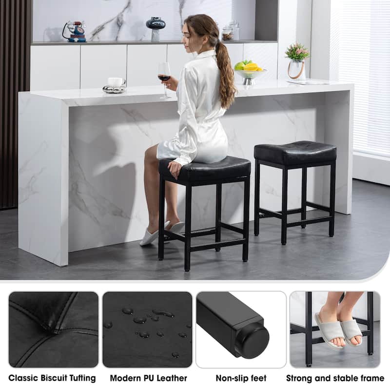 Upholstered PU Leather Bar Stools Set of 2, 24" Counter Height Saddle Bar Stools