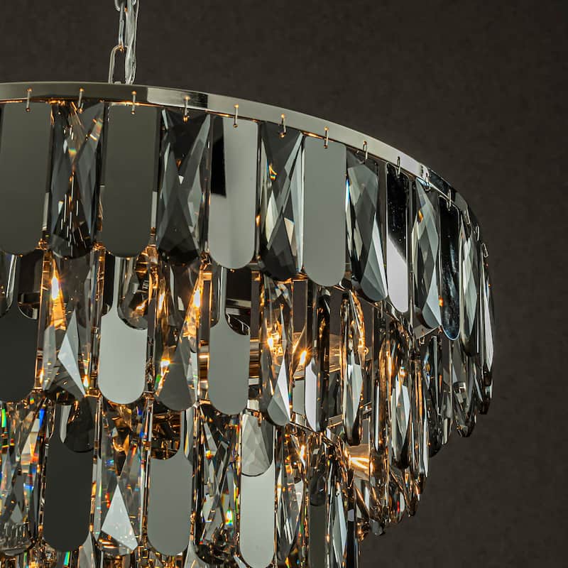 CraftHome Dimmable Modern Smoked Crystal Chandelier Contemporary Round Polished Nickel Pendant Light Fixture