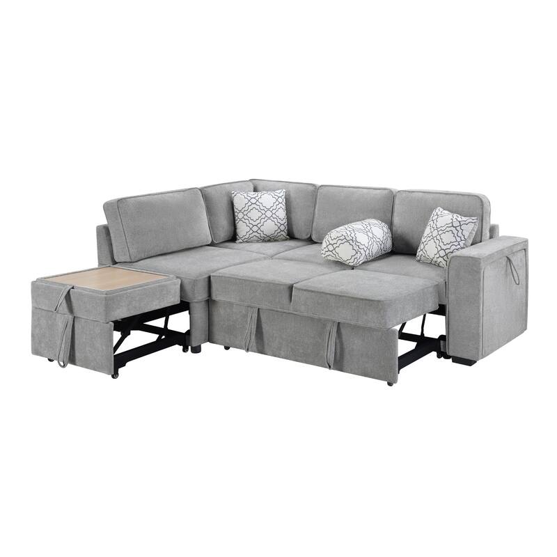Convertible Sectional Sofa Bed with Flip-Top Table, USB Ports & Cup Holder, Chenille L-Shaped Sofa with Dual Pull-Out Sleepers