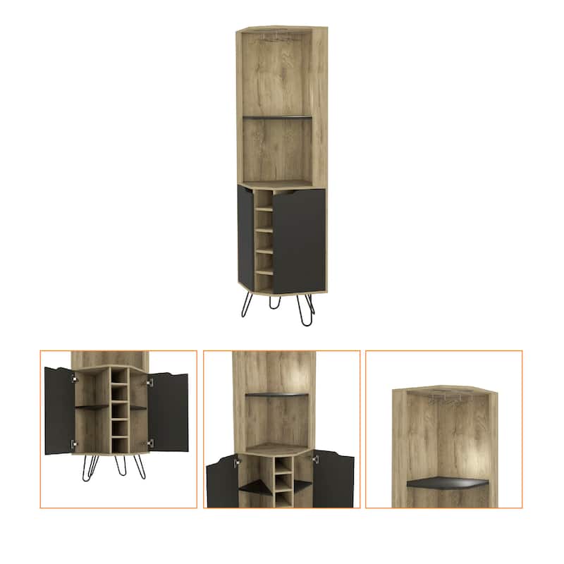 FM Furniture Grace Corner Bar Cabinet with 6 Wine Racks, 4 Shelves with Door, Cup Rack