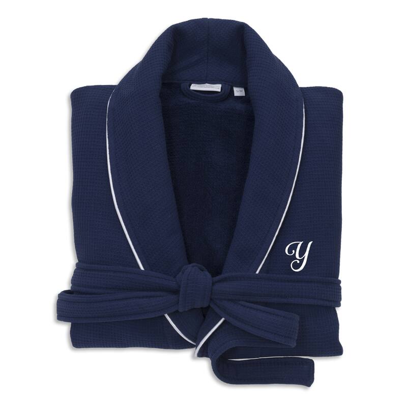 Authentic Hotel and Spa Navy Blue Unisex Turkish Cotton Waffle Weave Terry Bath Robe with White Script Monogram - S/M - Y
