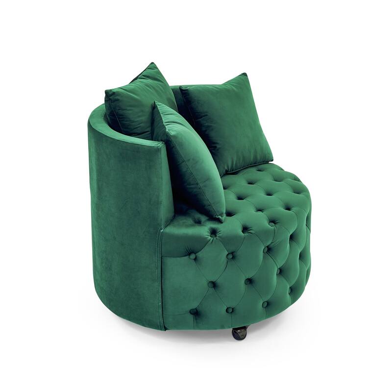 Roomfitters Velvet Swivel Chair with Tufted Button Design, Round Accent Chair with 3 Pillows and Wheels, Lounge Seating