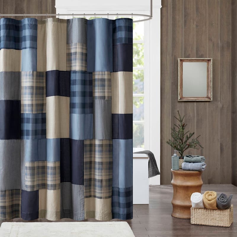 Woolrich Winter Hills Tan Cotton Shower Curtain - Blue