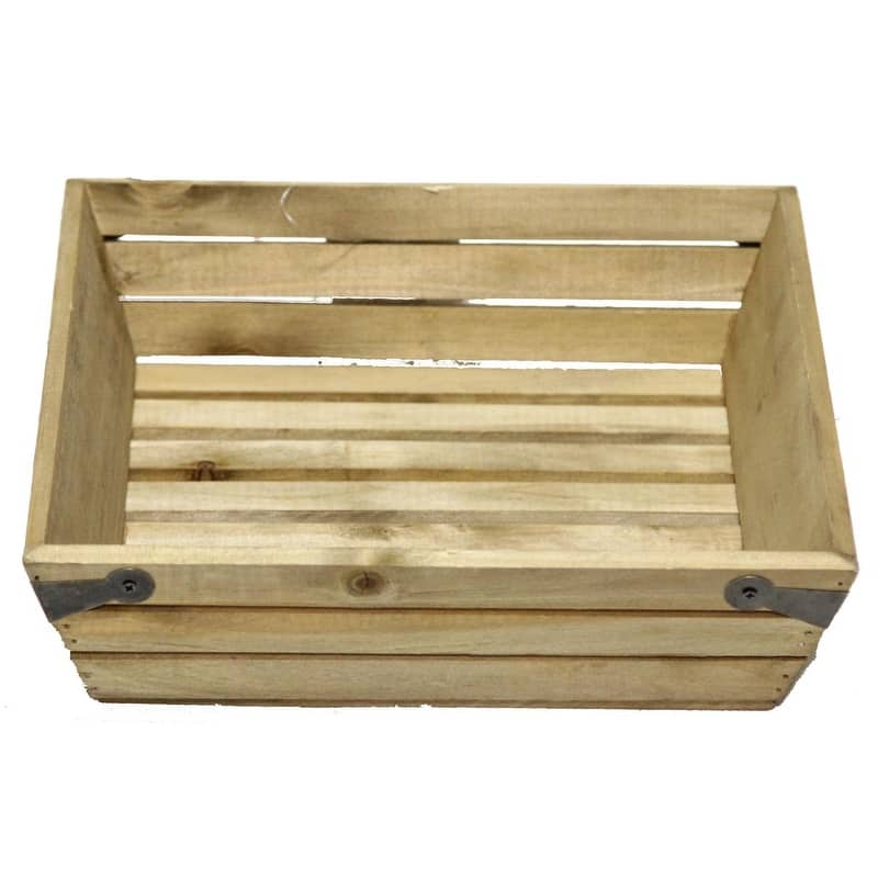 Natural wood small shallow square crate with metal corner design