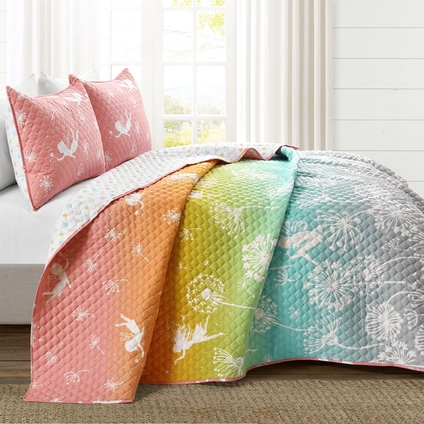 slide 2 of 7, Lush Decor Dandelion Fairy Ombre Pastel Rainbow Reversible Print Quilt Set