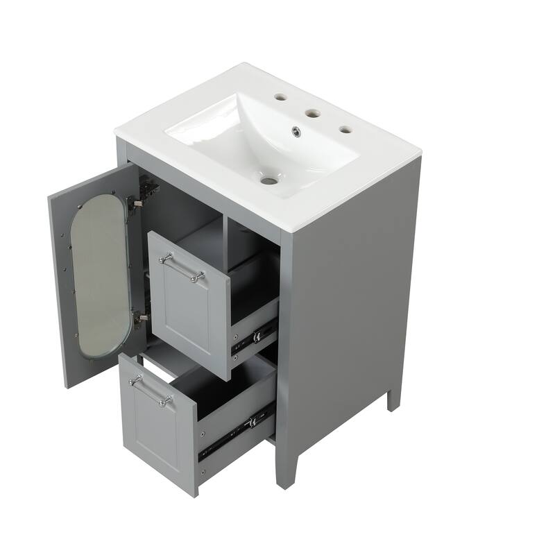 Roomfitters 24" Bathroom Vanity with Sink, Solid Wood Frame & Moru Glass Door, 2 Drawers & Adjustable Shelf