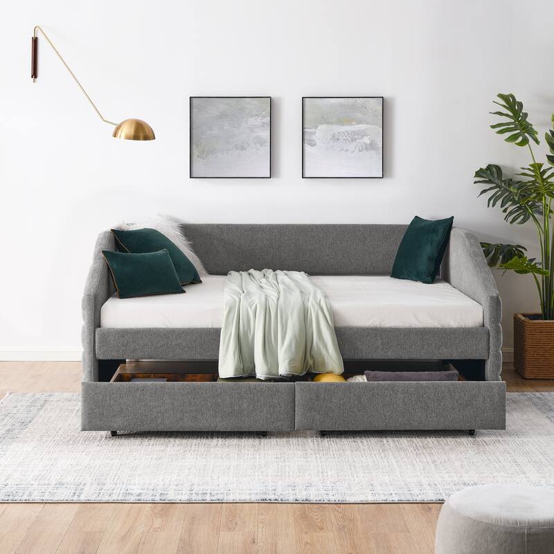 Twin/Full/Queen Size Upholstered Daybed with 2 Drawers, Linen Fabric Upholstered Sofa Bed, Wheeled Storage Daybed w/ Wood Frame