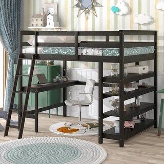 Espresso Loft Bed with Desk, Ladder, Shelves