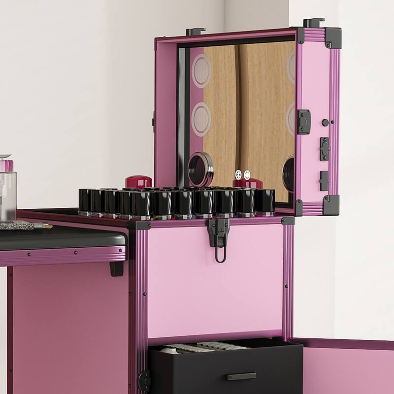 Portable Nail Art Table w/ LED Mirror, Bluetooth, Lockable Drawers, Telescopic Pole - Folding Manicure Station for Salons
