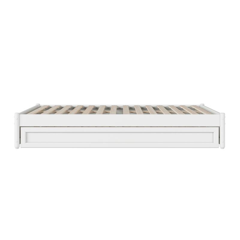Full Panel Platform Bed w/ Twin Trundle - White Modern Bed Frame & Hidden Storage