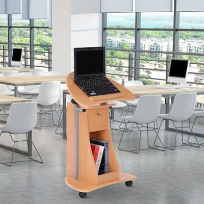 HOMCOM Height Adjustable Laptop Cart Rolling Mobile Podium Desk Stand with Swivel Top & Storage - Beech Wood