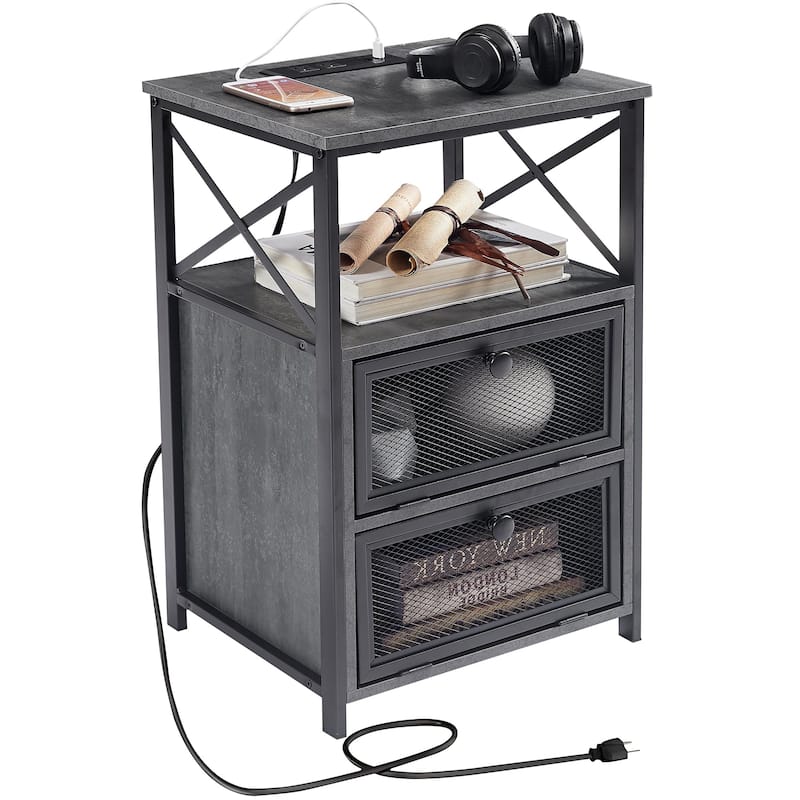 VECELO, Mid-century Modern Nightstand with Charging Station and USB Port