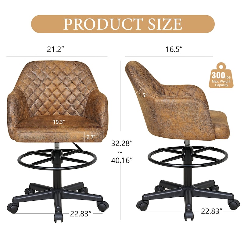 VECELO PU Leather Drafting Chairs with Adjustable Height Diamond-Stitched 360° Swivel Task Chair with Metal Frame