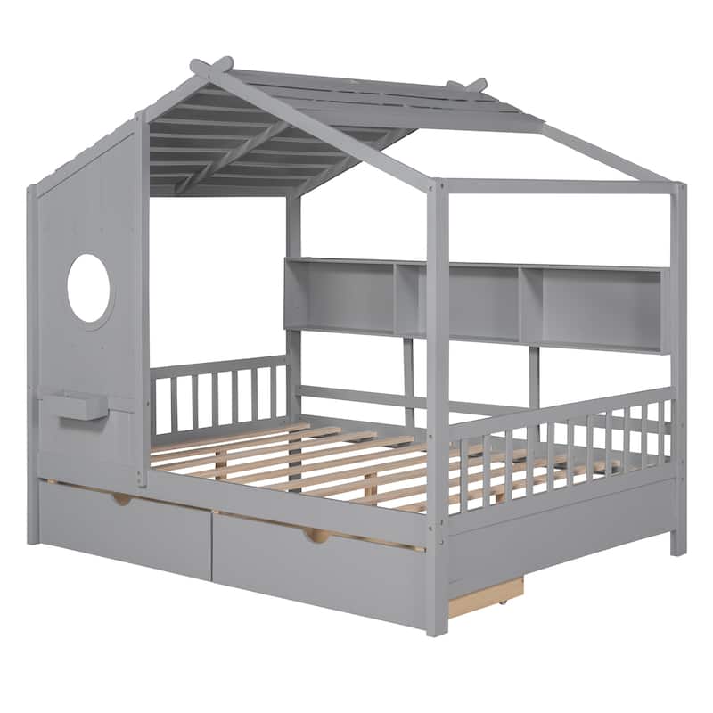 Full Wooden House Bed with Roof, Drawers, and Shelf
