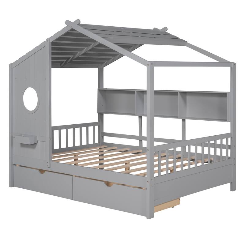 Pine House Bed with Drawers, Shelf & Roof