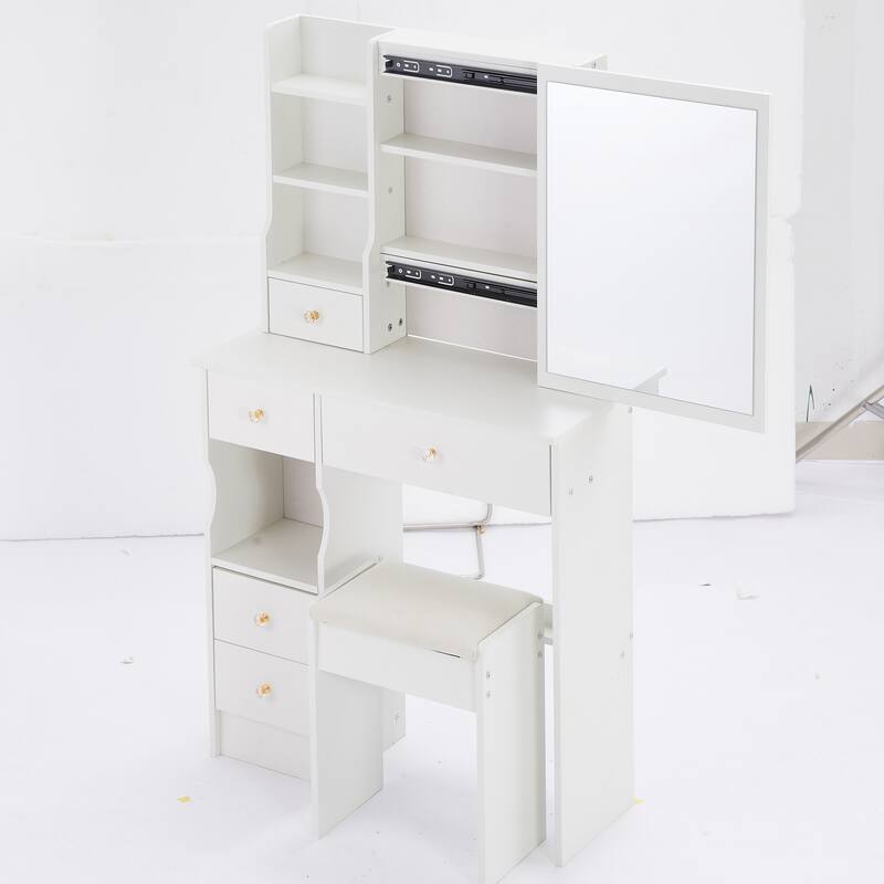 29.2" Small Space Left Drawer Desktop Vanity Table + Cushioned Stool, Extra Large Right sliding mirror