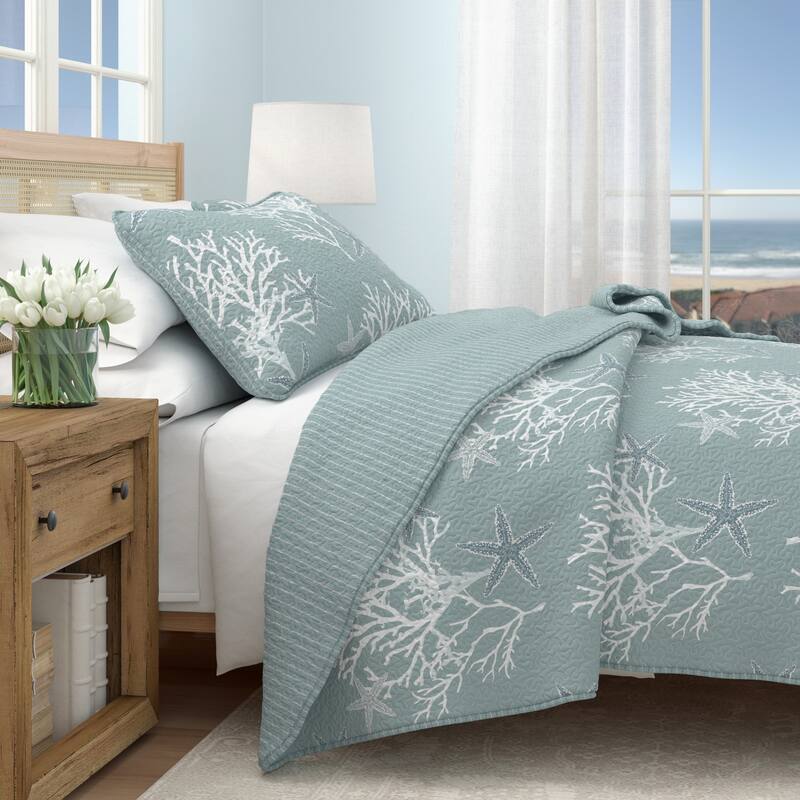 Linery & Co. Coastal Microfiber Quilt Set With Shams. - Ether Blue - Queen
